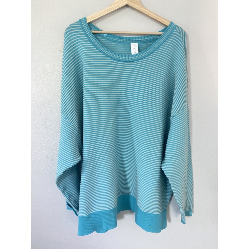 NEW LIVI Striped Crew Ribbed Teal Blue Top Women's 22/24 Cotton Blend